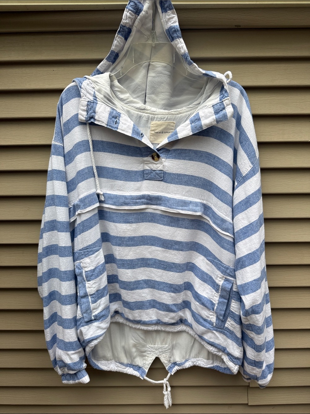 Thread & Supply Linen Blend Blue & White Striped Hooded Pullover Size XL - Picture 2 of 13